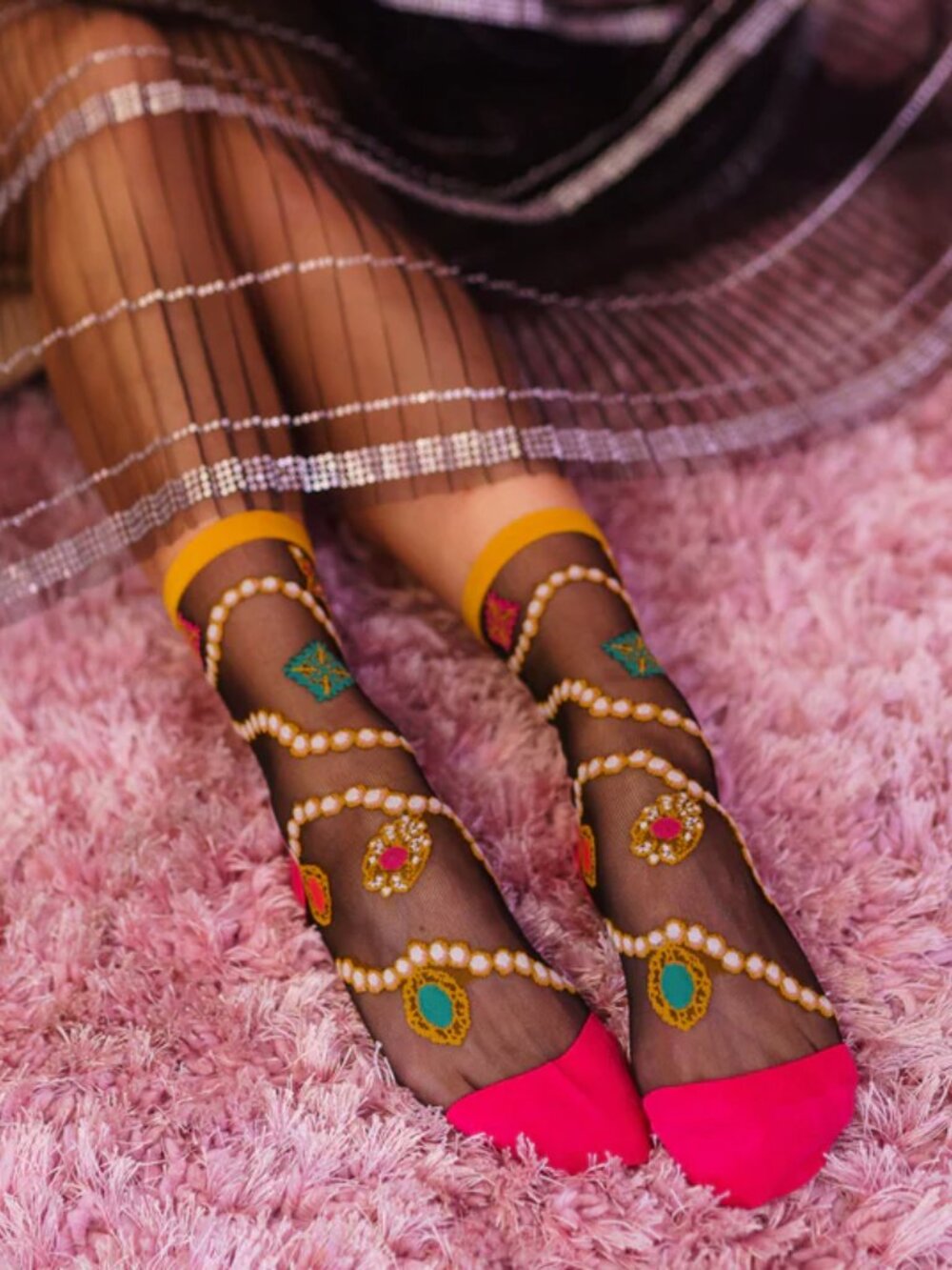 Sock Candy Pearls & Jewels Black Sheer Ankle Sock Women's One Size